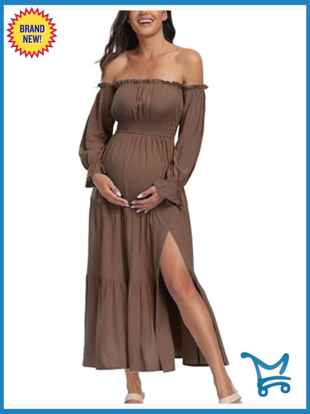 Off Shoulder Maternity Dress, Long Sleeve Side Split Flowy A Line Maxi Dress - Picture 3 of 7